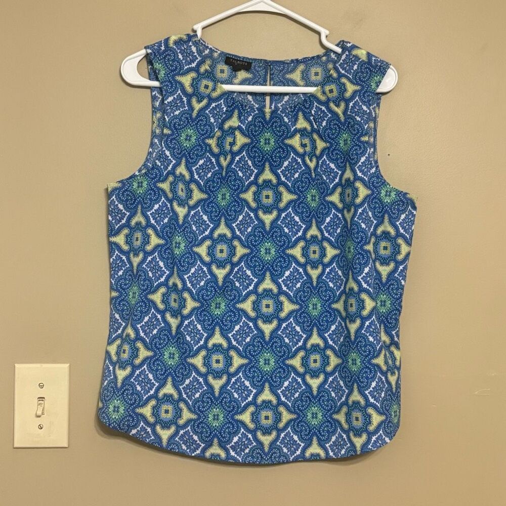 Talbots Sleeveless Blouse Yellow Blue Lightweight Medallion Keyhole Petite 14